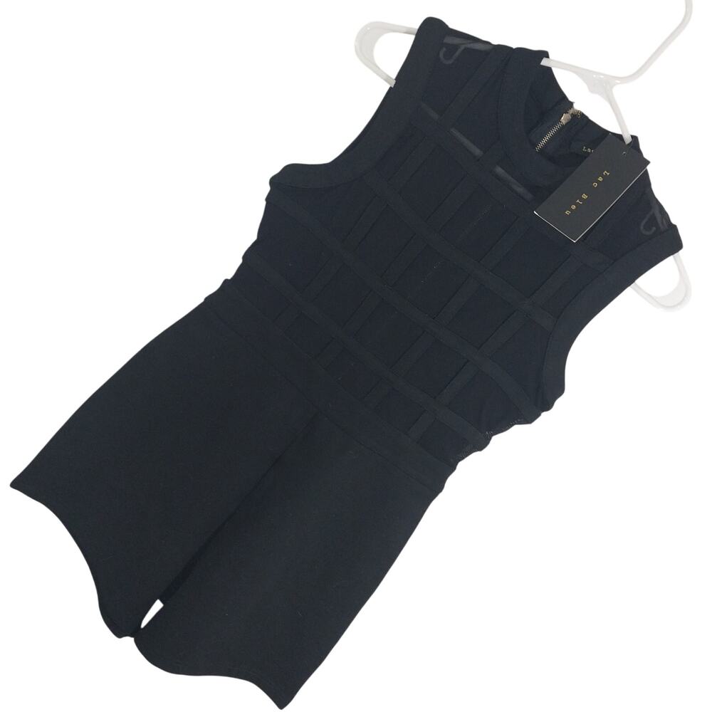 NWT! LAC BLEU! BLACK STRETCH 1 PC ROMPER, SHEER MESH BLOCKED BODICE! SZ S